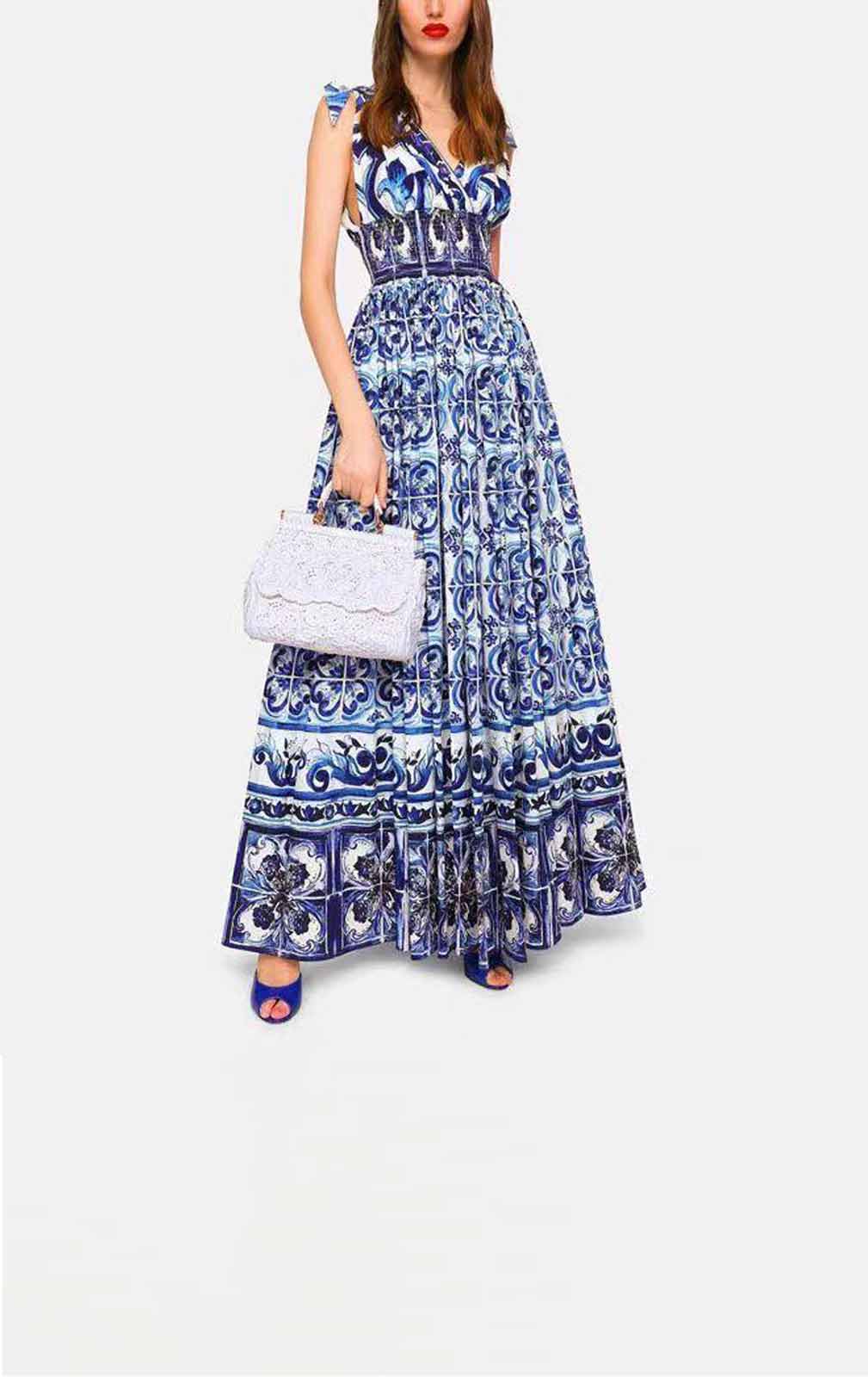 Blue Majolica Print Cotton Long Dress
