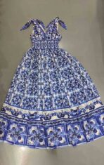 Blue Majolica Print Cotton Long Dress