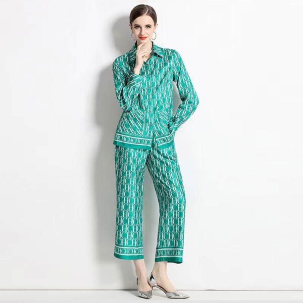 Green Fashion Print Trousers Suit Set-CH-S-002
