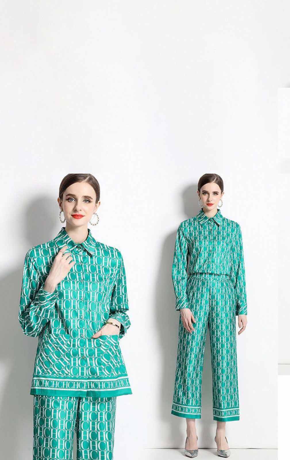 Green Fashion Print Trousers Suit Set-CH-S-002