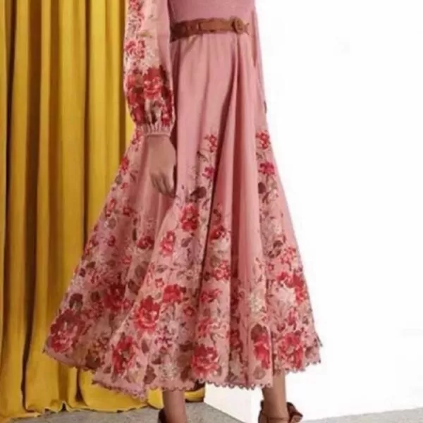 Shirred Floral Print Midi Dress in Pink Cotton